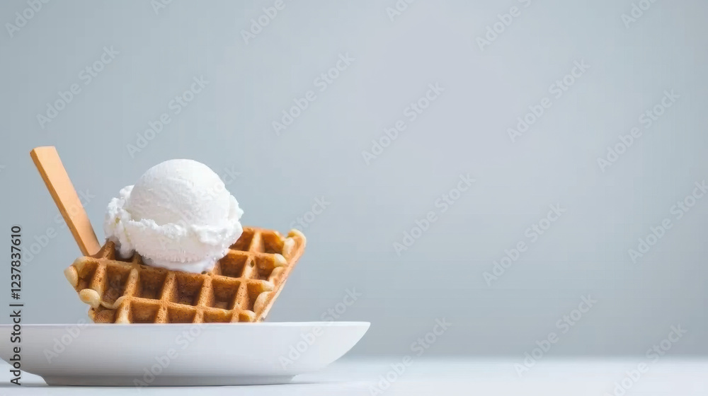 Fototapeta premium delicious plate of waffles topped with scoop of creamy vanilla ice cream, creating delightful dessert experience. Perfect for sweet cravings