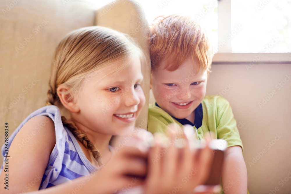 Relax, siblings and children with smartphone, watching and smile for movies in home, sofa and online. House, fun and kids with mobile for entertainment, streaming or subscription for film in lounge Relax, siblings and children with smartphone, watching and smile for movies in home, sofa and online. House, fun and kids with mobile for entertainment, streaming or subscription for film in lounge