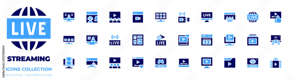 Streaming icon collection. Bold style. Duotone colors. live, streaming, livestreaming, stream, elearning, videoplayer, video, multimedia, news Streaming icon collection. Bold style. Duotone colors. live, streaming, livestreaming, stream, elearning, videoplayer, video, multimedia, news