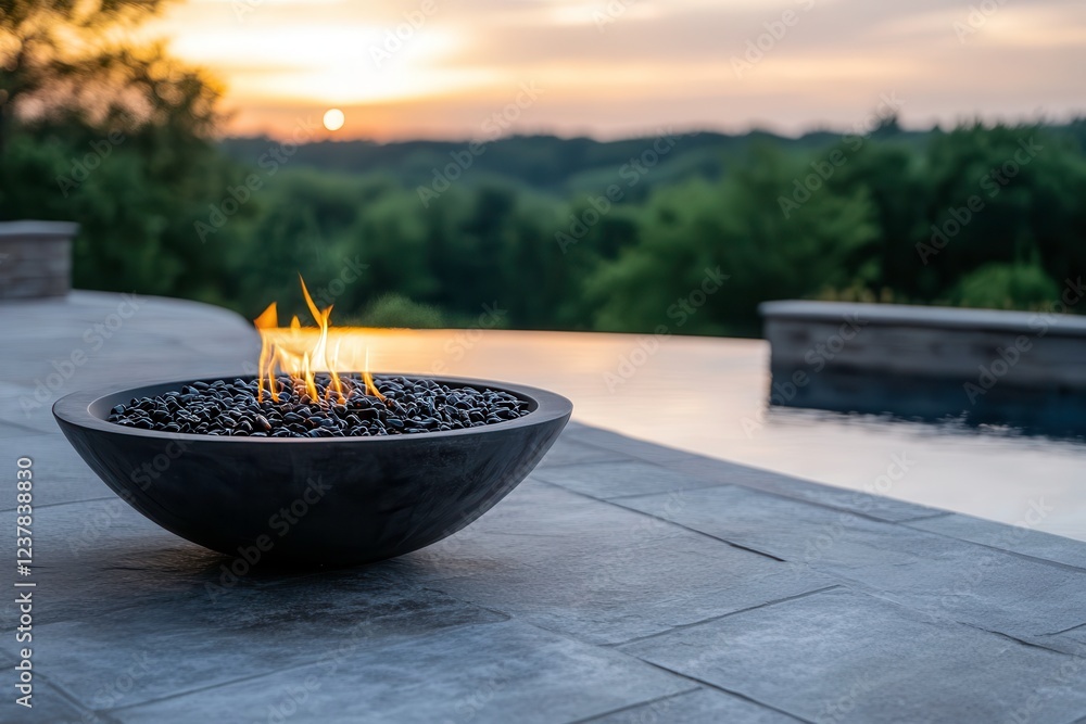 Stunning Poolside Gas Fire Pit at Sunset Complements Built-In Pool for Year-Round Entertaining. Generative AI Stunning Poolside Gas Fire Pit at Sunset Complements Built-In Pool for Year-Round Entertaining. Generative AI
