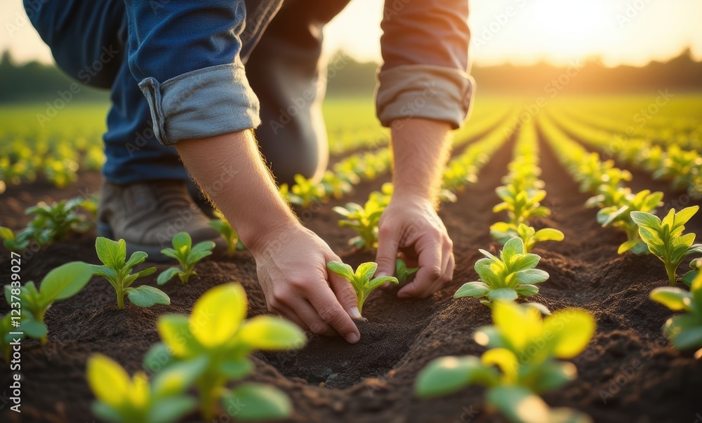 Male farmer planting seedlings at sunset Male farmer planting seedlings at sunset