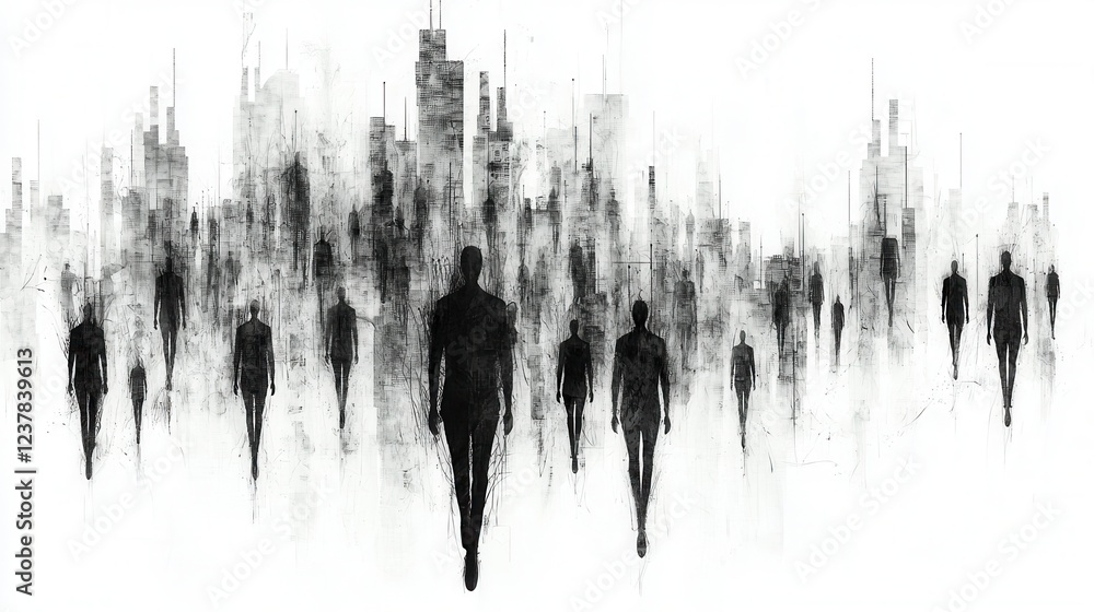 Abstract Grayscale Cityscape With Walking Figures Abstract Grayscale Cityscape With Walking Figures