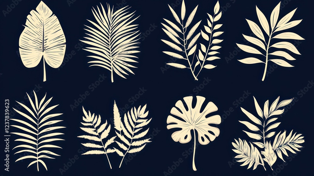 Tropical leaf silhouettes, design elements, dark background, print Tropical leaf silhouettes, design elements, dark background, print