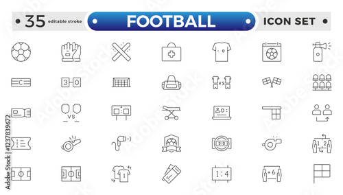 Football outline icon set. Soccer. Kicking a ball, team, rule, goal, players, medal, football, basketball, cycling, athlete, racket, table tennis, sparing, gym, weight. Editable stroke outline icon.