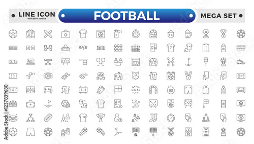 Football outline icon set. Soccer. Kicking a ball, team, rule, goal, players, medal, football, basketball, cycling, athlete, racket, table tennis, sparing, gym, weight. Editable stroke outline icon.