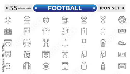 Football outline icon set. Soccer. Kicking a ball, team, rule, goal, players, medal, football, basketball, cycling, athlete, racket, table tennis, sparing, gym, weight. Editable stroke outline icon.