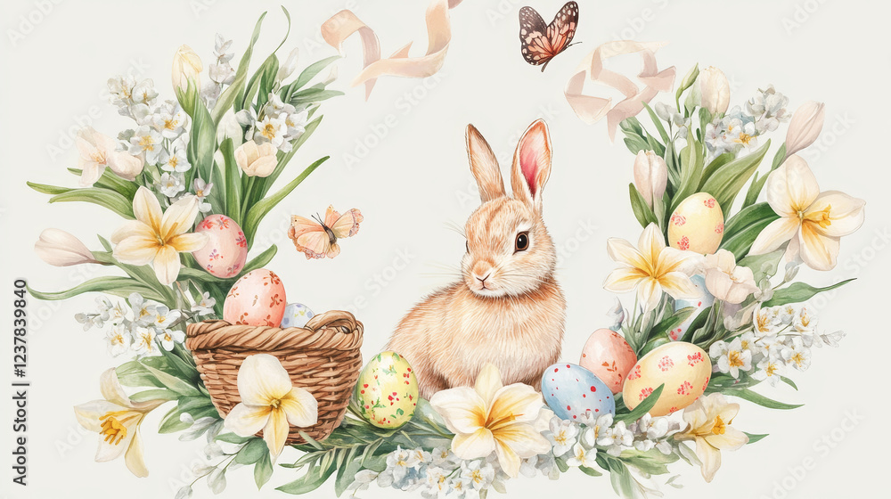 Easter greeting card with floral frame. Easter wreath with painted eggs, rabbit bunny, chicken, lily, tulip and narcissus flowers, egg hunt basket, ribbon bow and butterflies. Easter holiday design Easter greeting card with floral frame. Easter wreath with painted eggs, rabbit bunny, chicken, lily, tulip and narcissus flowers, egg hunt basket, ribbon bow and butterflies. Easter holiday design