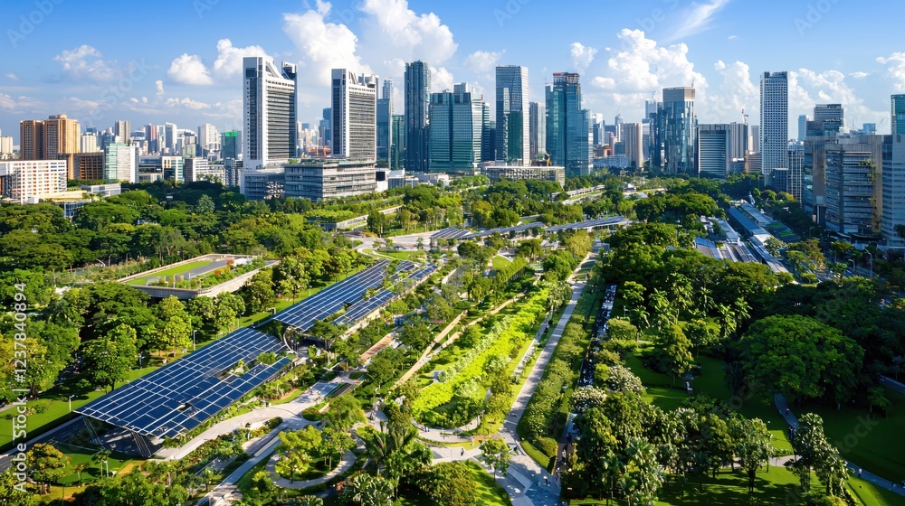 Obraz premium Modern City Skyline with Lush Green Park and Solar Panels Sustainable Urban Design