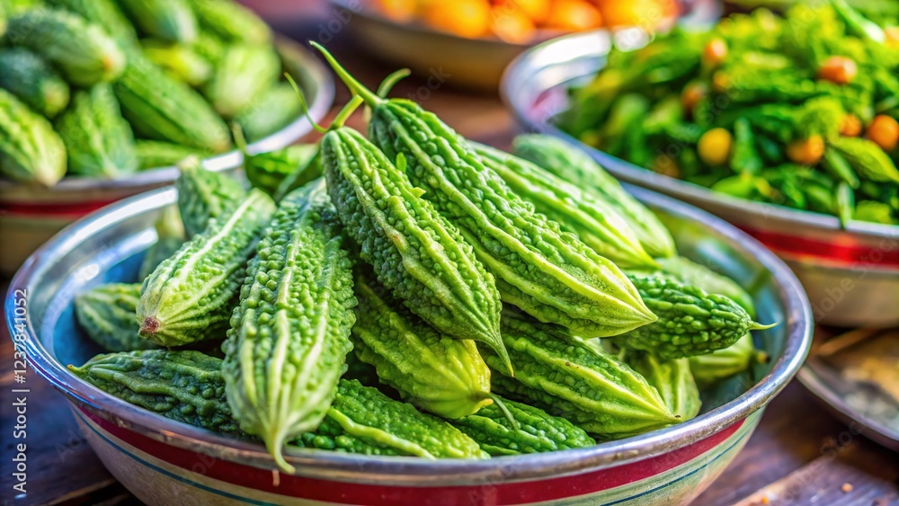 Bitter Gourd Market Stall: Asian Medicinal Food Ingredient Bitter Gourd Market Stall: Asian Medicinal Food Ingredient