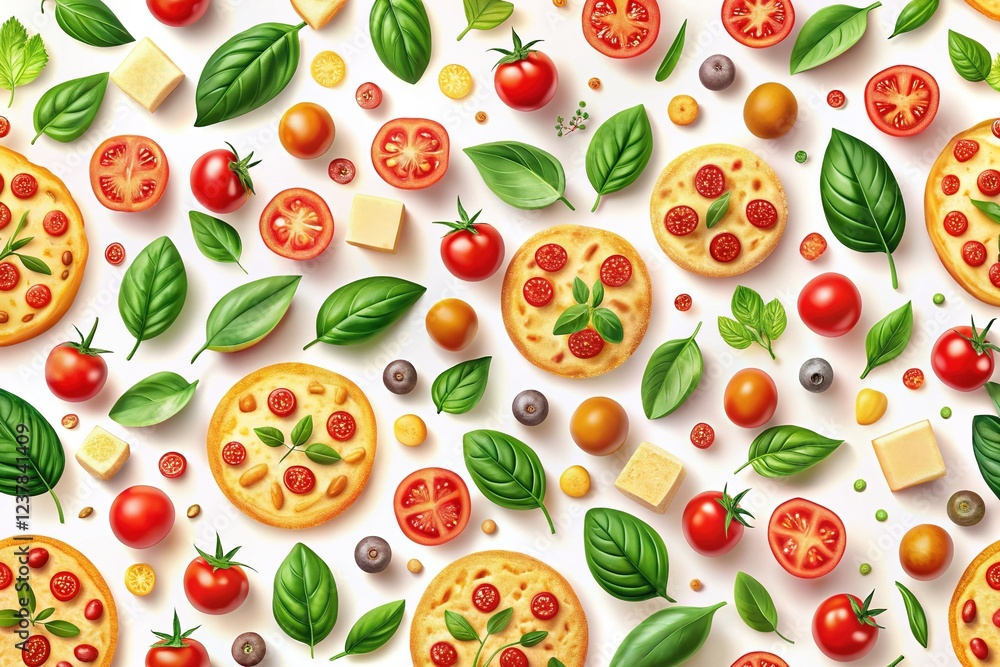 Colorful Pizza Topping Pattern: Cherry Tomatoes, Basil & Cheese Aerial View Colorful Pizza Topping Pattern: Cherry Tomatoes, Basil & Cheese Aerial View