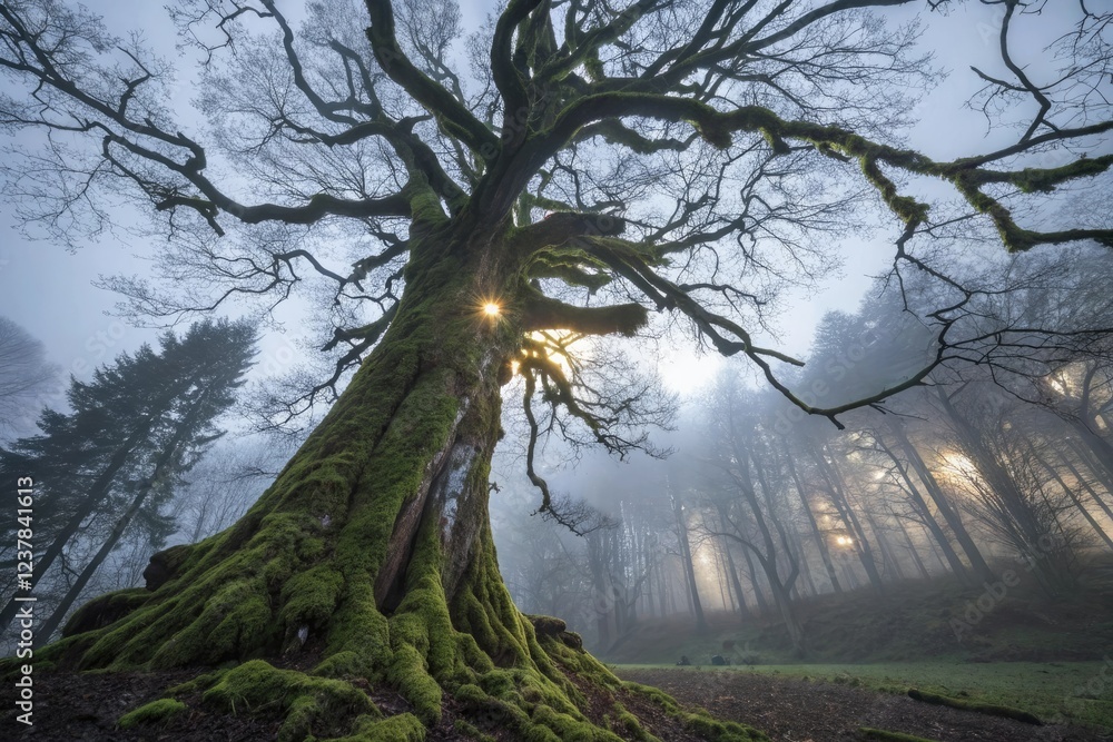 Obraz premium Towering ancient tree with glowing moss-covered branches and roots stretching into darkness, night, eerie glow, bioluminescent forest
