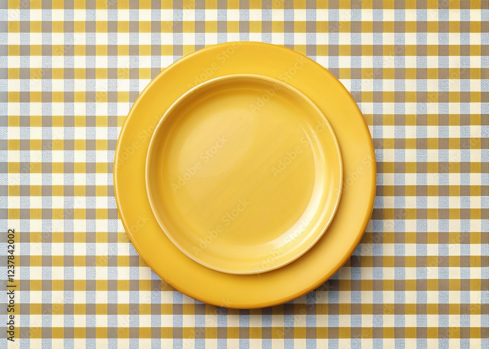 Double Exposure Round Yellow Plate for Food on Colorful Background Double Exposure Round Yellow Plate for Food on Colorful Background