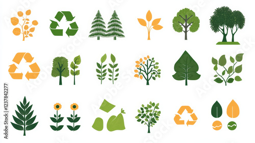 Eco green life icon set. Nature landscape with summer green trees and plants. Ecology, eco friendly lifestyle, health themes design photo