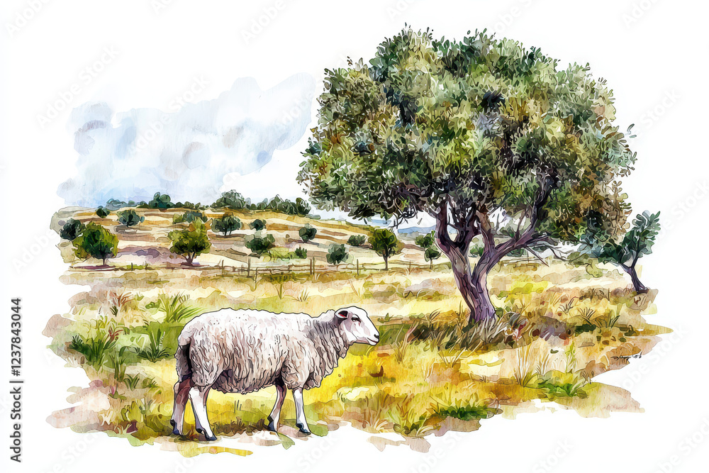Obraz premium A serene landscape featuring a sheep grazing near a tree, with rolling hills and a cloudy sky in a picturesque setting.