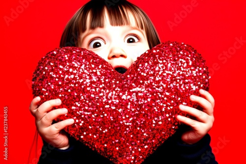 Sign of love. Commercial promotion creative. Ð¡hildren valentine's day greeting card: toddler girl with astonished face holds red heart in hands. Love card with kids. February child emotions. photo