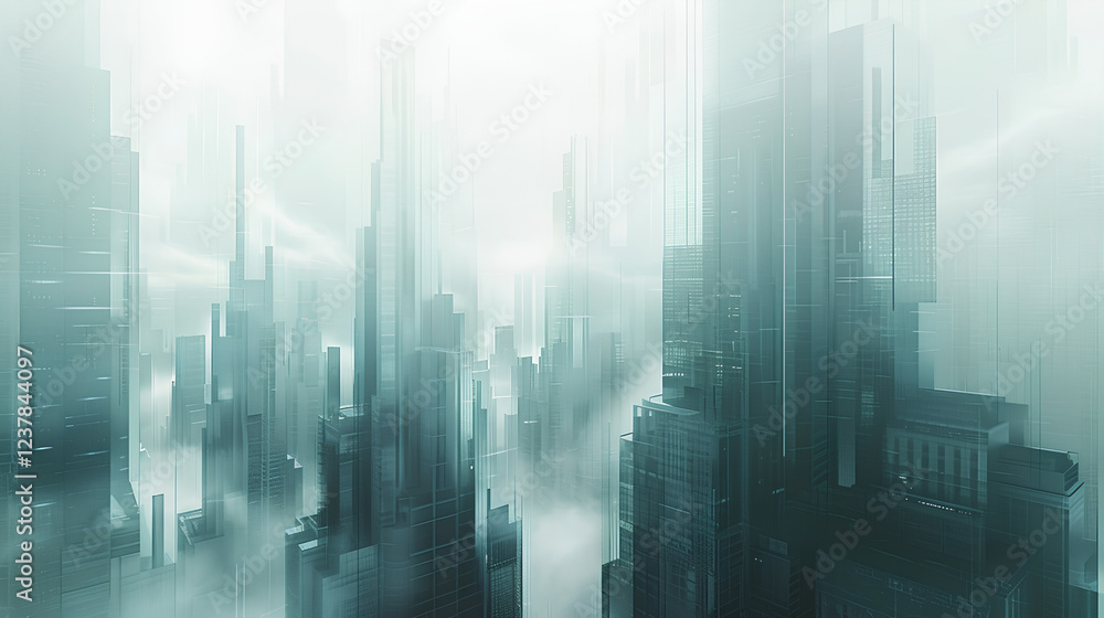 Obraz premium White background, tall buildings, light gray and blue styles, a sense of transparent technology