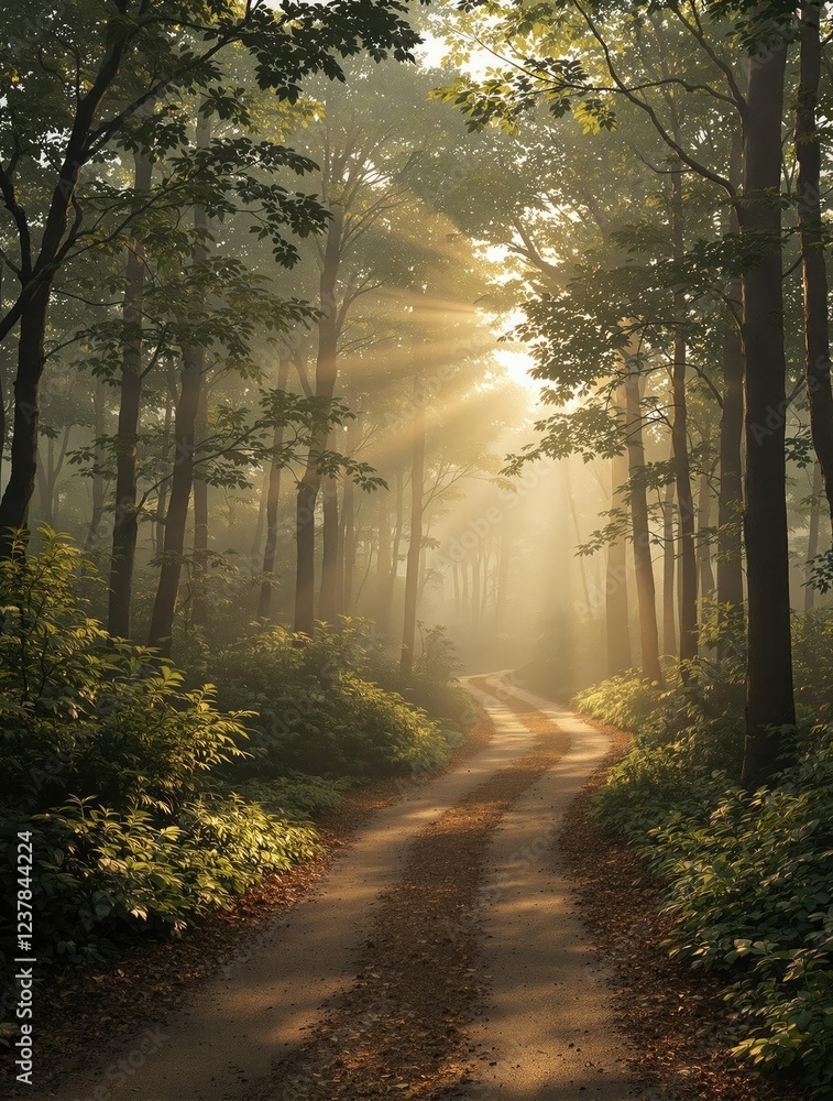 Fototapeta premium Sunny forest with a meandering dirt path leading into the woods, forest, earthy tones, trail, nature