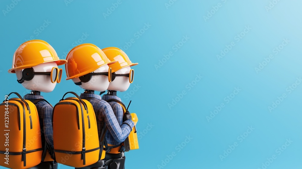 Fototapeta premium Robotic Workers Teamwork Construction Site Future Technology