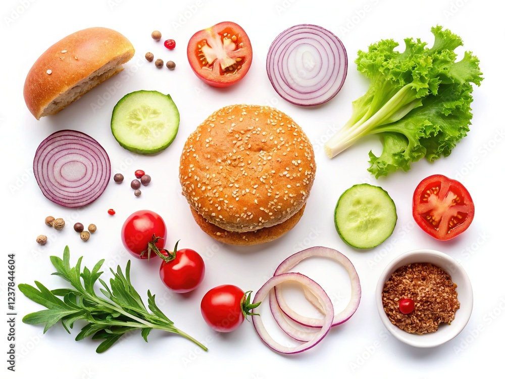 Top-View of Flat Lay Ingredients for Burger Making Top-View of Flat Lay Ingredients for Burger Making