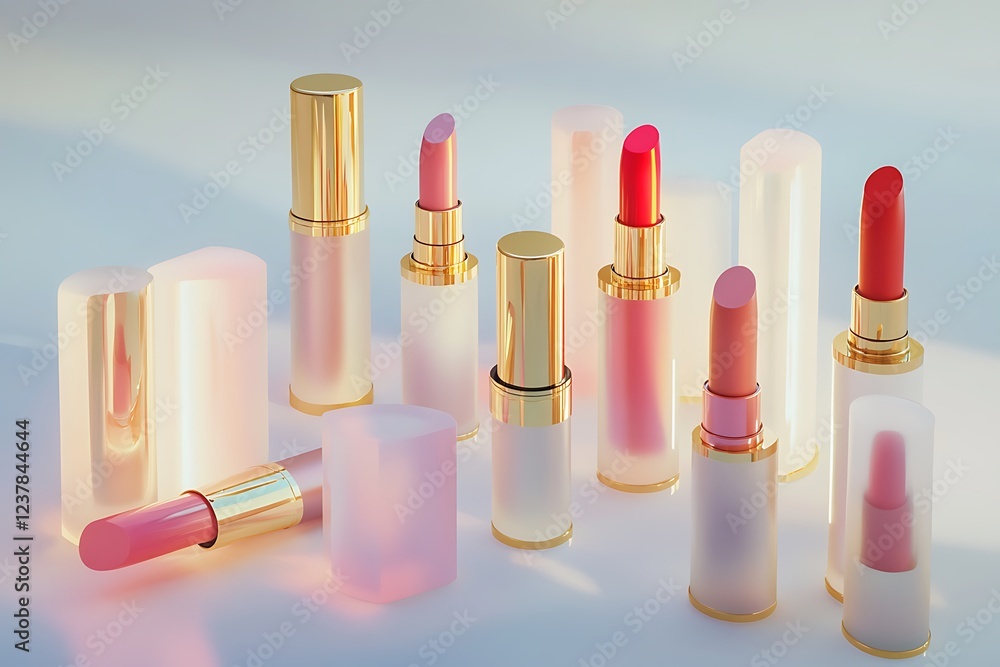 Obraz premium A collection of luxurious lipsticks in different shades displayed on an elegant white background with soft lighting.