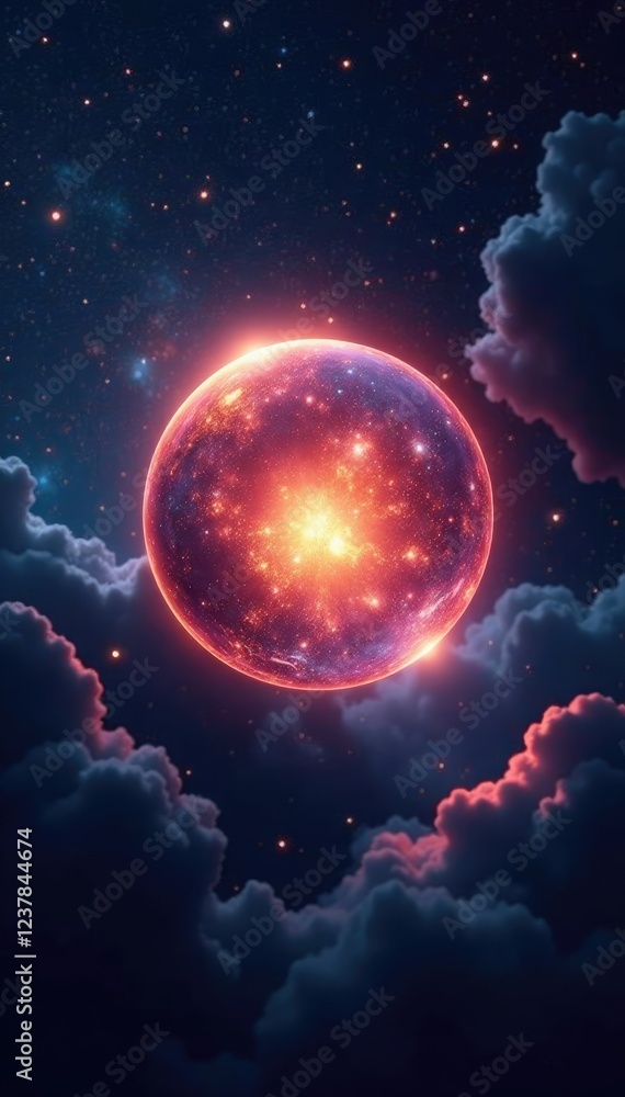 Obraz premium Crystal orb glows within vast interstellar space, glowing orb, galaxy clouds, ethereal glow