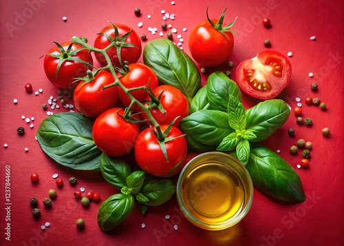 Vegan Summer Salad: Fresh Tomatoes, Basil & Olive Oil â€“ Aerial View photo