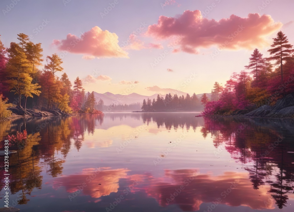 Fototapeta premium Pale yellow and pink hues floating in the air above a tranquil lake, peacefulness, natural serenity , airy scene