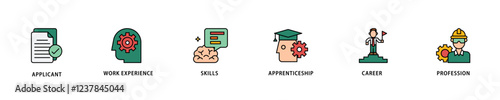 Traineeship icon set flow process which consists of applicant, work experience, skills, internship, career, and profession icon live stroke and easy to edit .