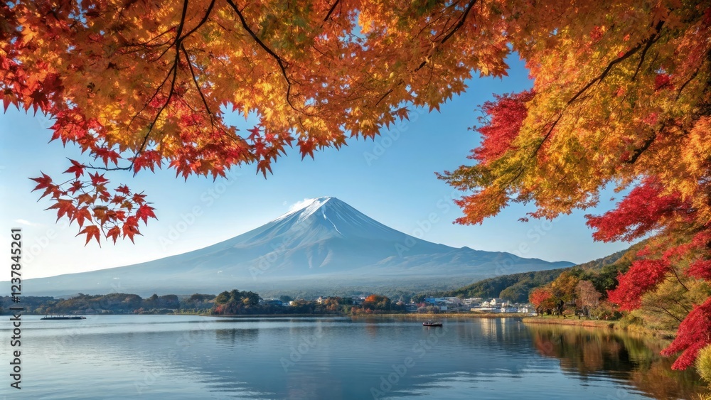 Fototapeta premium Panoramic view of the Japanese countryside with Mount Fuji majestically standing tall amidst a sea of colorful autumn leaves and serene lake waters at Lake Kawaguchiko, Fuji, lake Kawaguchiko