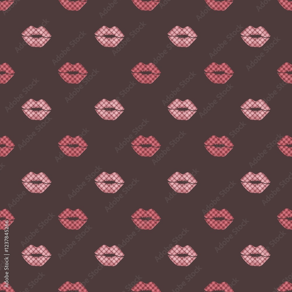 Seamless pattern on the St.Valentine’s day with watercolor checkered red and pink lips prints on a dark background. Perfect for textile, fabric, wrapping, design paper, backdrop, wallpaper, printing Seamless pattern on the St.Valentine’s day with watercolor checkered red and pink lips prints on a dark background. Perfect for textile, fabric, wrapping, design paper, backdrop, wallpaper, printing