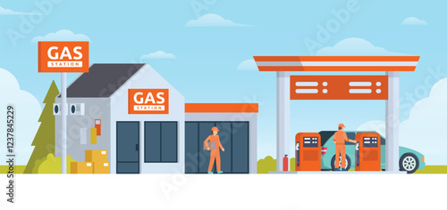 Gas Station with Shop Vector Illustration. Clean Flat Design and Modular Element. Fully Editable and Easy to Customize	