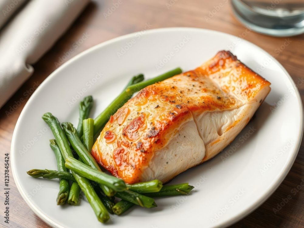 Pan-seared salmon fillet on a plate with a side of steamed vegetables, flavorful, plate, fine dining Pan-seared salmon fillet on a plate with a side of steamed vegetables, flavorful, plate, fine dining