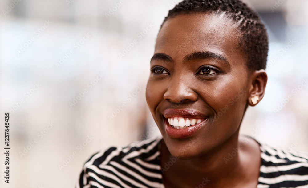 Black woman, thinking and happy in office, startup and reflection for progress, career or project. African person, writer and smile with inspiration, perspective or excited for job at creative agency Black woman, thinking and happy in office, startup and reflection for progress, career or project. African person, writer and smile with inspiration, perspective or excited for job at creative agency