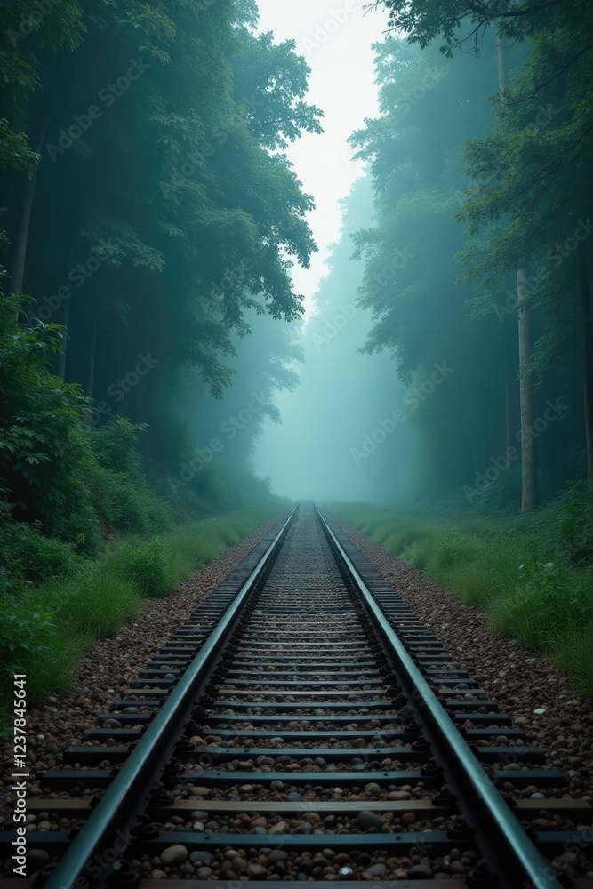 Railway track disappears into the misty veil of a forest, atmosphere, mist, natural Railway track disappears into the misty veil of a forest, atmosphere, mist, natural