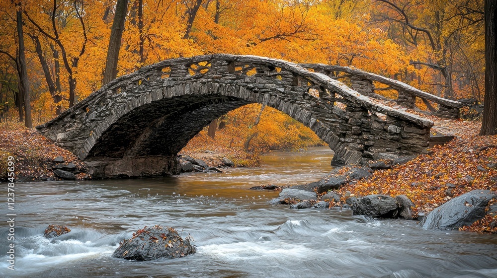Autumnal Serenity: Stone Bridge over a Flowing Stream in a Colorful Forest Autumnal Serenity: Stone Bridge over a Flowing Stream in a Colorful Forest