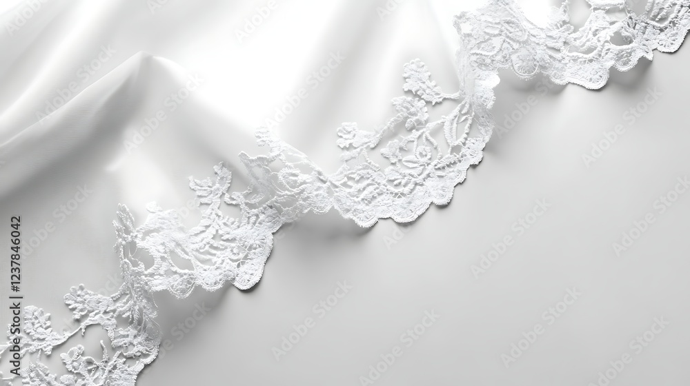 White Lace Trim on Smooth Fabric Background White Lace Trim on Smooth Fabric Background
