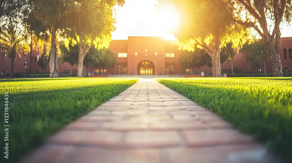 Fototapeta premium Majestic courthouse building with a grand entrance bathed in warm sunset hues, exuding a serene and dignified atmosphere