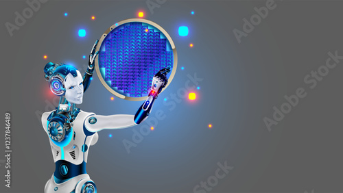 AI robot hold semiconductor wafer on factory. Robot woman with artificial intelligence or AI on electronics semiconductor chip factory. Silicon wafer. AI robot technology in industrial revolution.