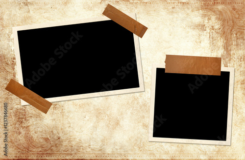 Masking tape part and vintage photoframe. Nostalgic Picture album template and duct tape. Vintage album page with paper texture and retro photo frame with adhesive tape stripes. Copy space for text