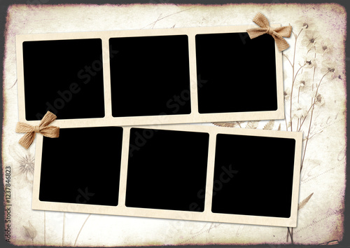 Nostalgic scrapbooking banner with moodboard pictures album grid for scrapbooking. Retro background with paper texture, dry pressed leaves, flowers and frame photos. Vintage style mood board layout