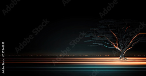 glowing tree with light trails against dark background