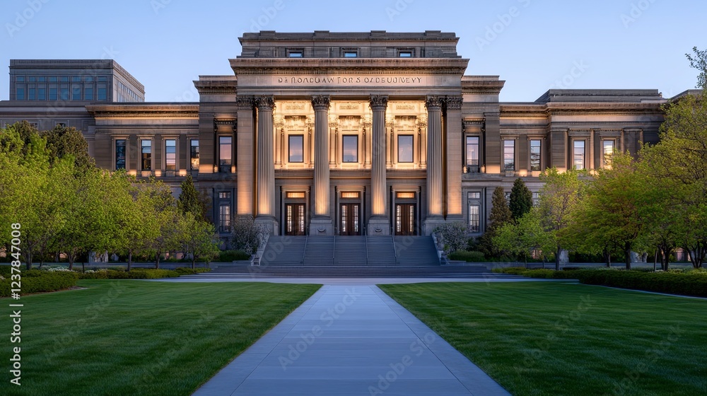Obraz premium Majestic courthouse building with a grand entrance bathed in warm sunset hues, exuding a serene and dignified atmosphere