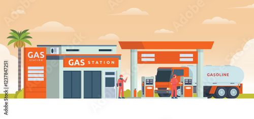 Gas Station with Shop Vector Illustration. Clean Flat Design and Modular Element. Fully Editable and Easy to Customize	