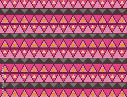 Vivid Geometric Triangles : vibrant geometric pattern featuring rows of interconnected triangles in shades of pink, orange, and green. 
