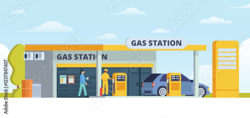 Gas Station with Shop Vector Illustration. Clean Flat Design and Modular Element. Fully Editable and Easy to Customize	