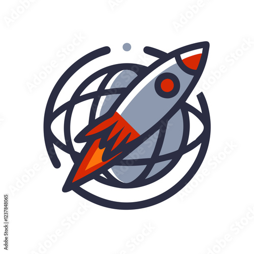 Rocket icon launching into space with globe and orbit lines in grey and red colors