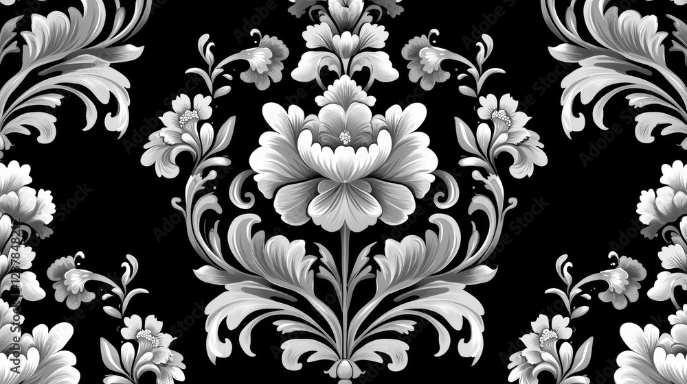 Floral retro white damask seamless pattern on black colored background for wallpaper and textile design Floral retro white damask seamless pattern on black colored background for wallpaper and textile design
