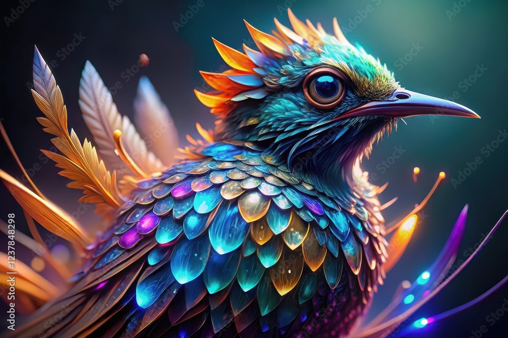 Obraz premium A Majestic Avian Creature with Iridescent Plumage and Golden Accents, Displaying Intricate Details and Vibrant Hues, Set Against a Dark Background