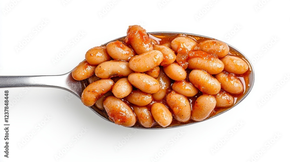 Fototapeta premium Baked Beans on a Spoon Against White Background