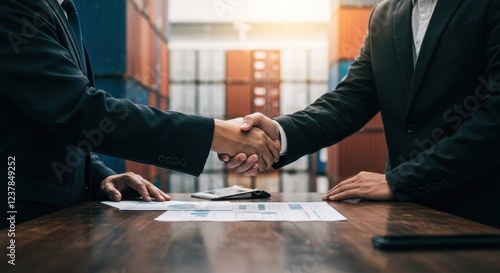 Businessmen shaking hands in a shipping yard, sealing a deal